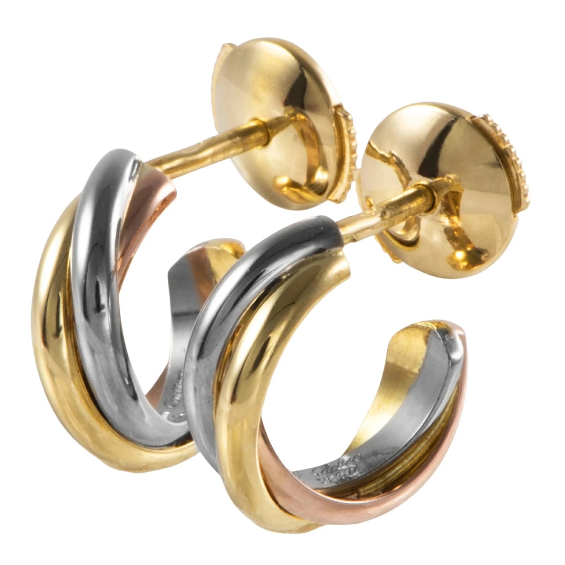 CARTIER TRINITY MINI EARRINGS AU750 18K TRI-COLOR GOLD: CARTIER TRINITY MINI EARRINGS AU750 18K TRI-COLOR GOLD Brand: Cartier Type/Style: EARRINGS Material: 18K TRI-COLOR Color: TRI-COLOR Size: Size: W4mm x H12mm Accessories: None Accessories N