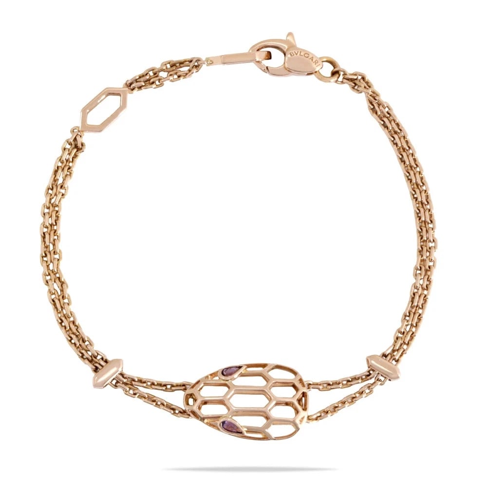 BVLGARI SERPENTI AMETHYST K18 ROSE GOLD BRACELET: BVLGARI SERPENTI AMETHYST K18 ROSE GOLD BRACELET Brand: Bvlgari Type/Style: BRACELET Material: K18 ROSE GOLD, Main Stone/Creation AMETHYST Color: Rose Gold Size: Motif size: 12mm x 18mm x 5mm Length: 