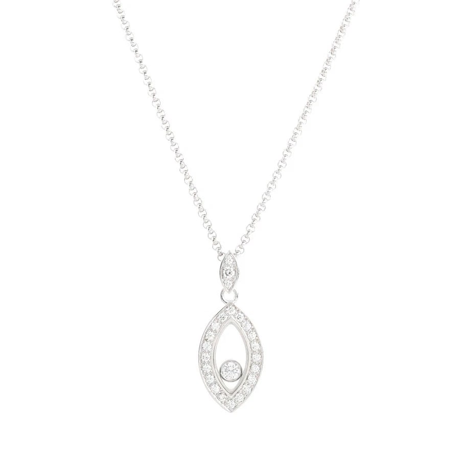 CHOPARD HAPPY DIAMONDS NECKLACE AU750: CHOPARD HAPPY DIAMONDS NECKLACE AU750 Brand: Chopard Type/Style: NECKLACE Material: 18K WHITE GOLD Color: White Gold Size: Chain size: 42.5cm Charm: W9mm x H23mm Accessories: None Accessor
