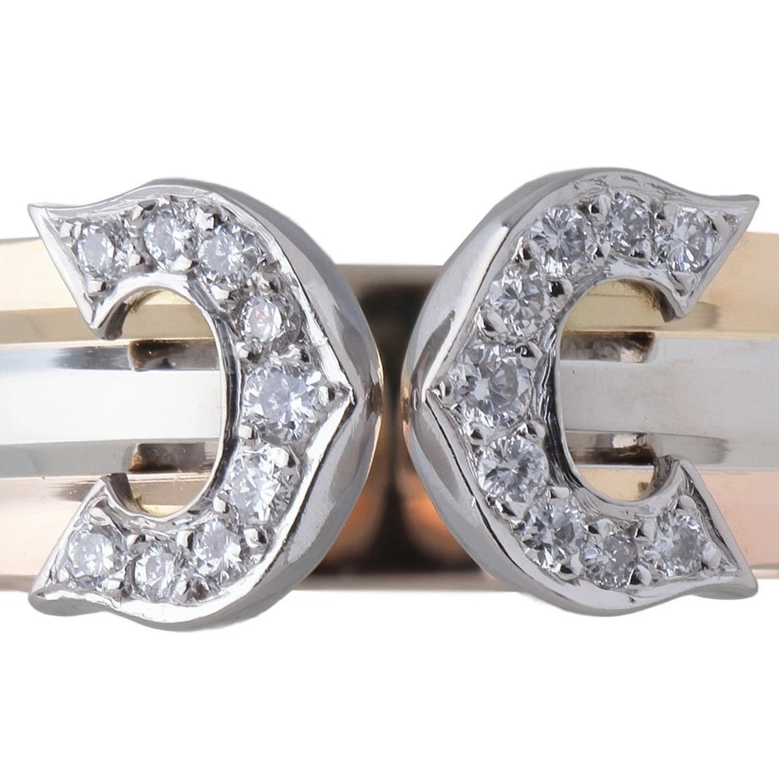 CARTIER 2C DIAMOND RING TRINITY 3 COLOR GOLD: CARTIER 2C DIAMOND RING TRINITY 3 COLOR GOLD Brand: Cartier Type/Style: RING Material: 750RG/WG/YG Color: RG WG PG Size: US6.25 Accessories: None Accessories Notice: When purchasing pre-ow