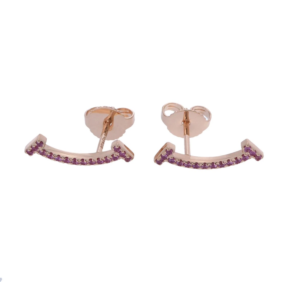 TIFFANY & CO. T SMILE EARRINGS PINK SAPPHIRE: TIFFANY & CO. T SMILE EARRINGS PINK SAPPHIRE Brand: Tiffany & Co. Type/Style: EARRINGS Material: 18K ROSE GOLD, Main Stone/Creation PINK SAPPHIRE Color: ROSE GOLD Size: None Accessories: None