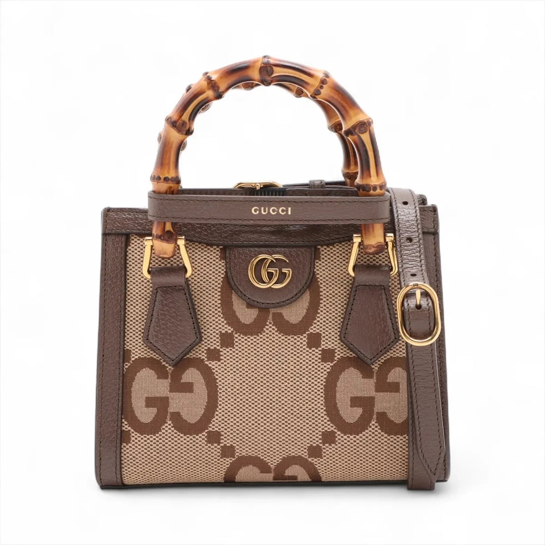 GUCCI BAMBOO DIANA CANVAS & LEATHER 2 WAY HANDBAG HANDBAG: Gucci Bamboo Diana Canvas & Leather 2 Way Handbag Handbag Brand: Gucci Type/Style: Hand bag Material: Canvas & Leather Color: Brown Size: Height:6.5inch Length:7.9inch Depth:3.7inch Handle height:2.8i