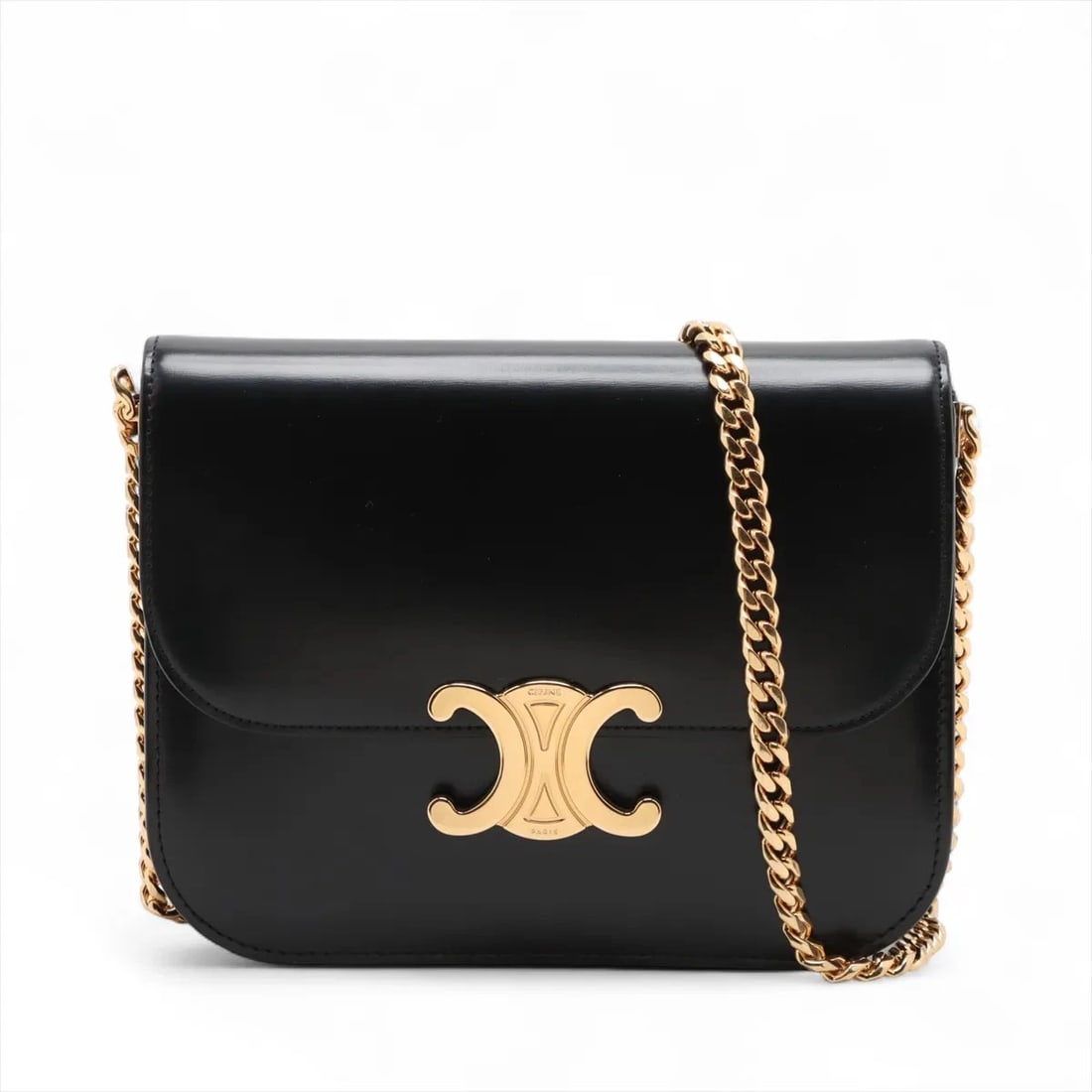 CELINE TRIOMPHE LEATHER CHAIN SHOULDER BAG: Celine Triomphe Leather Chain Shoulder bag Brand: Celine Type/Style: Shoulder bag Material: Leather Color: Black Size: Height:6.3inchLength:7.9inchDepth:2.2inch Accessories: None Accessori