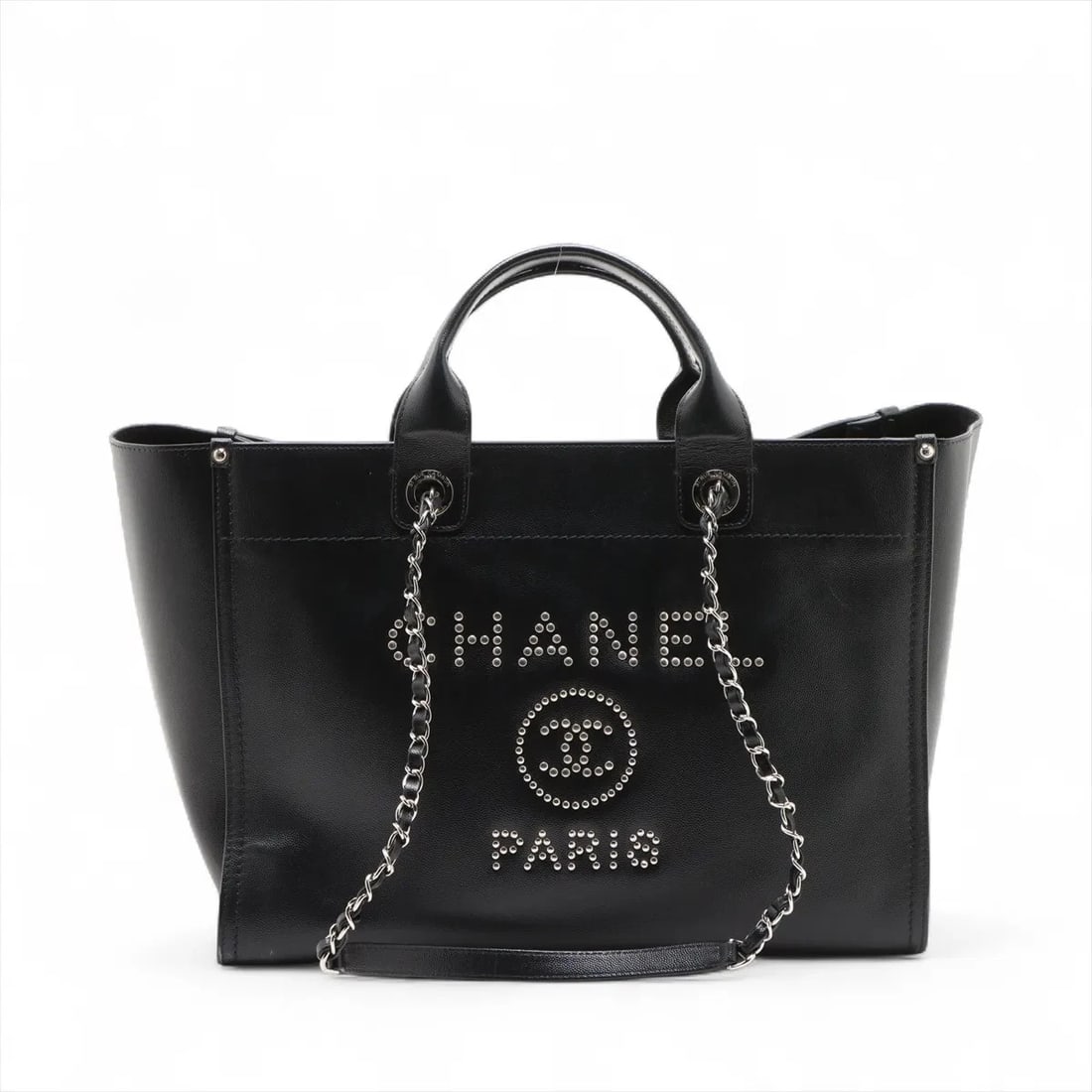 CHANEL DEAUVILLE GM LEATHER X STUDS 2 WAY TOTE BAG TOTE BAG: Chanel Deauville GM leather x studs 2 Way Tote Bag Tote bag Brand: Chanel Type/Style: Tote bag Material: leather x studs Color: Black Size: Height:11.0inch Length:15.2inch Depth:7.5inch Handle height: