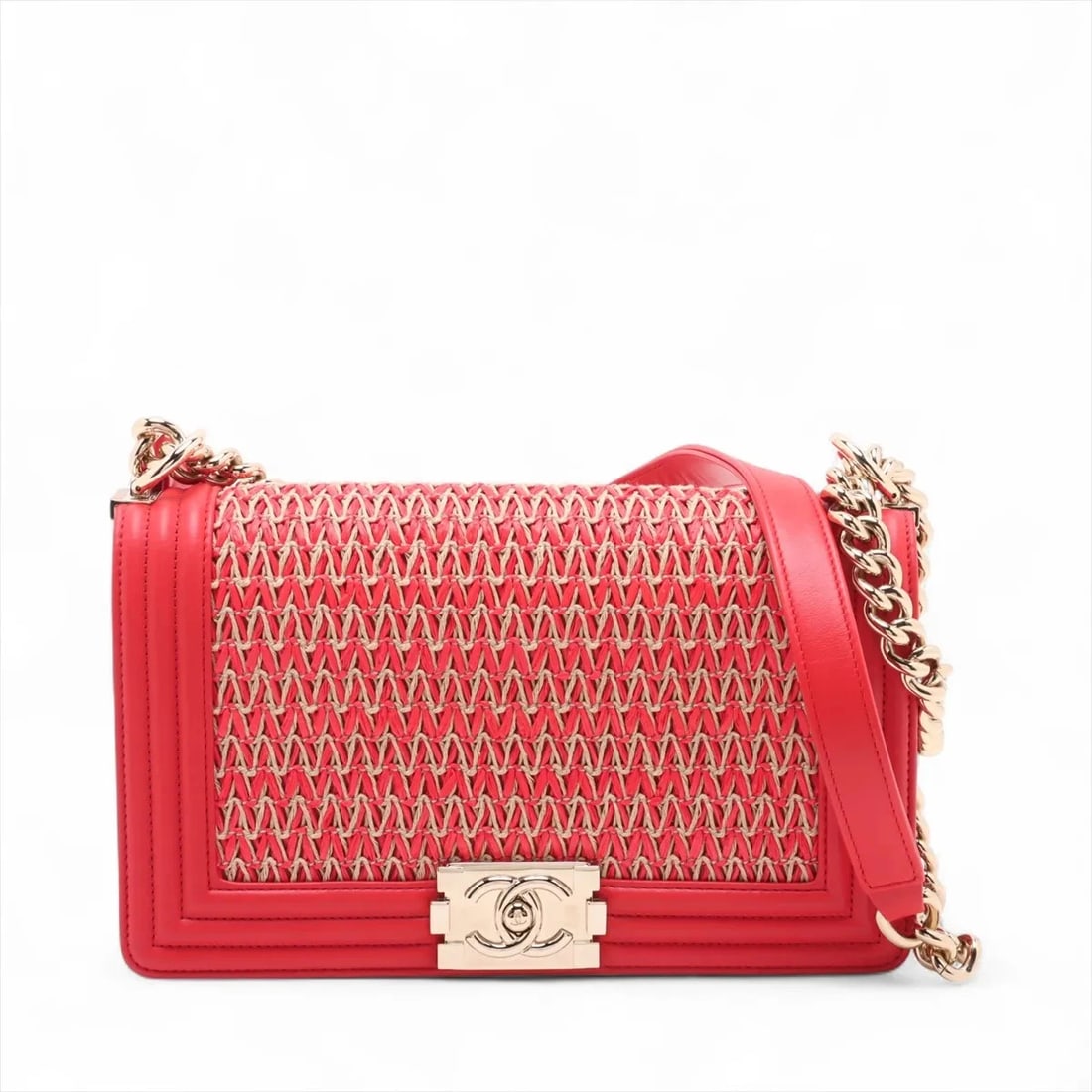 CHANEL BOY 25 LAMBSKIN X RAFFIA CHAIN SHOULDER BAG (1 of 6)