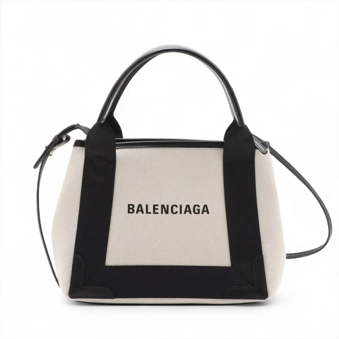 BALENCIAGA NAVY CABAS XS CANVAS X LEATHER 2 WAY HANDBAG HANDBAG: Balenciaga Navy Cabas XS canvas x leather 2 Way Handbag Handbag Brand: Balenciaga Type/Style: Hand bag Material: Canvas & Leather Color: White x black Size: Height:7.9inch Length:9.6inch Depth:2.8inch