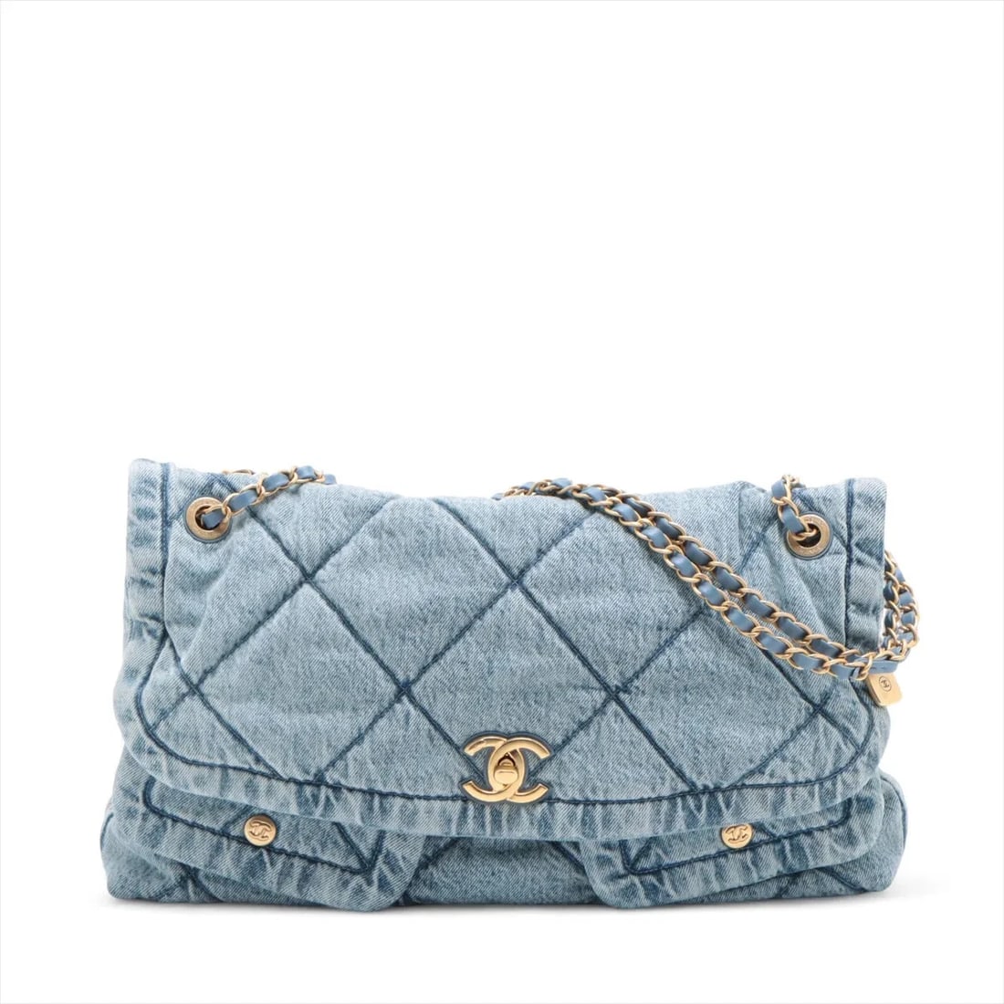 CHANEL BIG MATELASSE DENIM SINGLE FLAP DOUBLE CHAIN BAG SHOULDER BAG: Chanel Big Matelasse Denim Single Flap Double Chain Bag Shoulder bag Brand: Chanel Type/Style: Shoulder bag Material: Denim Color: Blue Size: Height:9.8inch Length:15.7inch Depth:4.1inch Shoulder heig