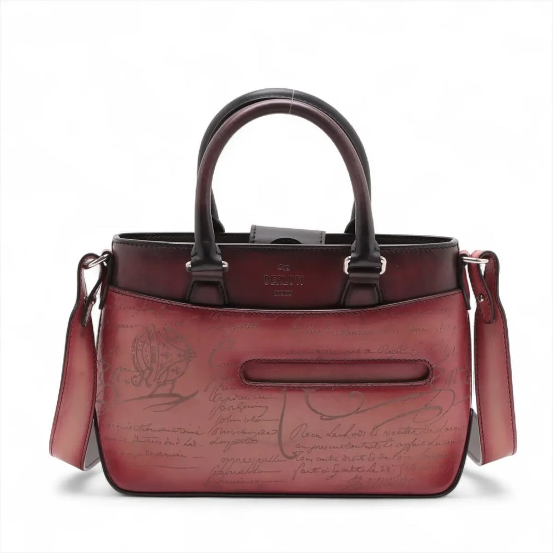 BERLUTI CALLIGRAPHY TOUJOUR LEATHER 2 WAY HANDBAG HANDBAG: Berluti Calligraphy Toujour Leather 2 Way Handbag Handbag Brand: Berluti Type/Style: Hand bag Material: Leather Color: Red Size: Height:6.9inch Length:9.3inch Depth:2.6inch Handle height:3.5inch A