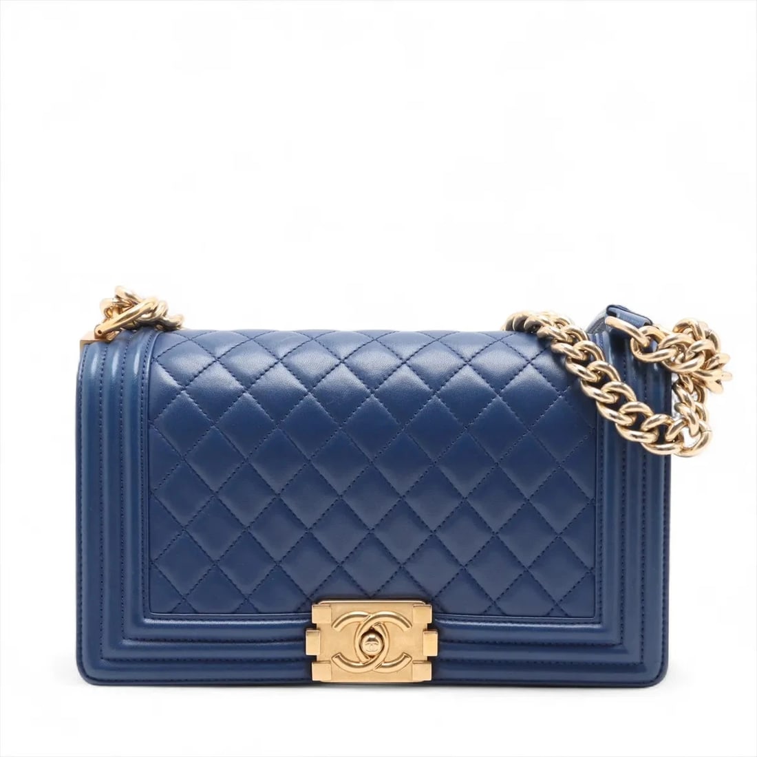 CHANEL BOY 25 LAMBSKIN CHAIN SHOULDER BAG: Chanel BOY 25 Lambskin Chain Shoulder bag Brand: Chanel Type/Style: Shoulder bag Material: Lambskin Color: Blue Size: Height:5.7inch Length:9.8inch Depth:3.0inch Accessories: None Accessories Notice: