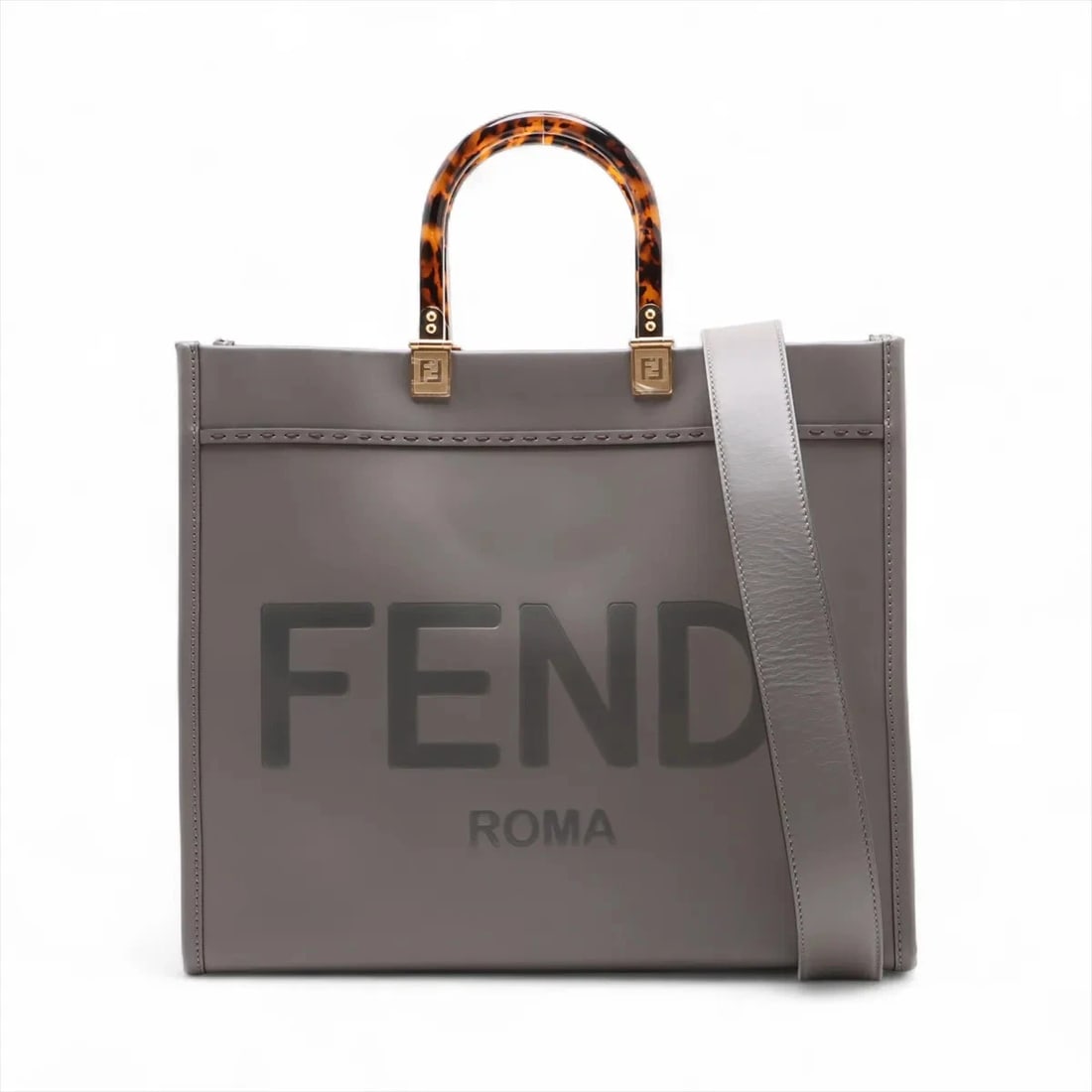 FENDI SUNSHINE MEDIUM LEATHER 2 WAY TOTE BAG SUNGLASSES: Fendi Sunshine Medium Leather 2 Way Tote Bag Sunglasses Brand: Fendi Type/Style: Sunglasses Material: Leather Color: Gray Size: Height:12.0inch Length:14.2inch Depth:5.9inch Handle height:4.1inch
