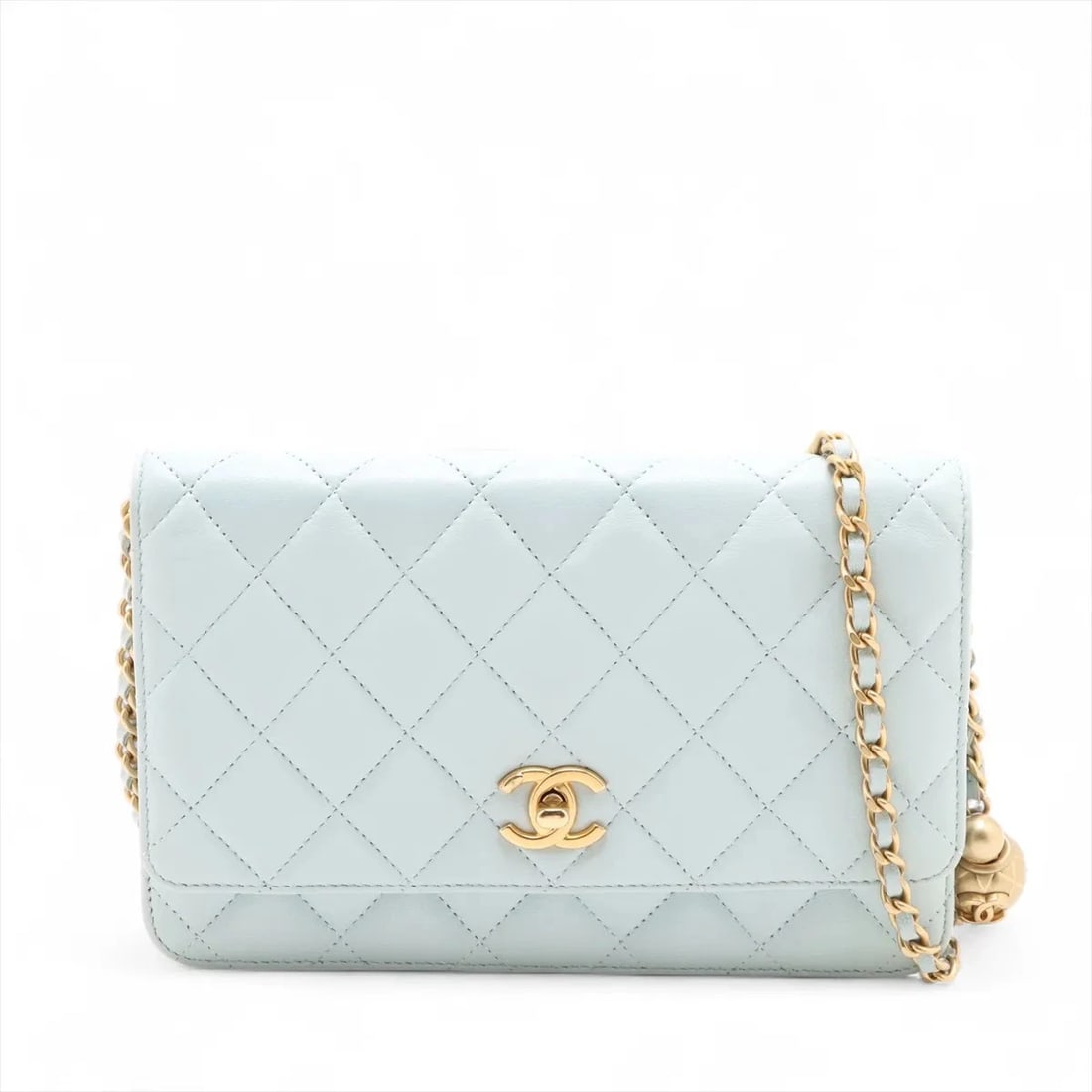 CHANEL MATELASSE LAMBSKIN CHAIN WALLET COCO BALL SHOULDER BAG: Chanel Matelasse Lambskin Chain Wallet Coco Ball Shoulder bag Brand: Chanel Type/Style: Shoulder bag Material: Lambskin Color: Blue Size: Height:4.9inchLength:7.5inchDepth:1.2inch Accessories: Non