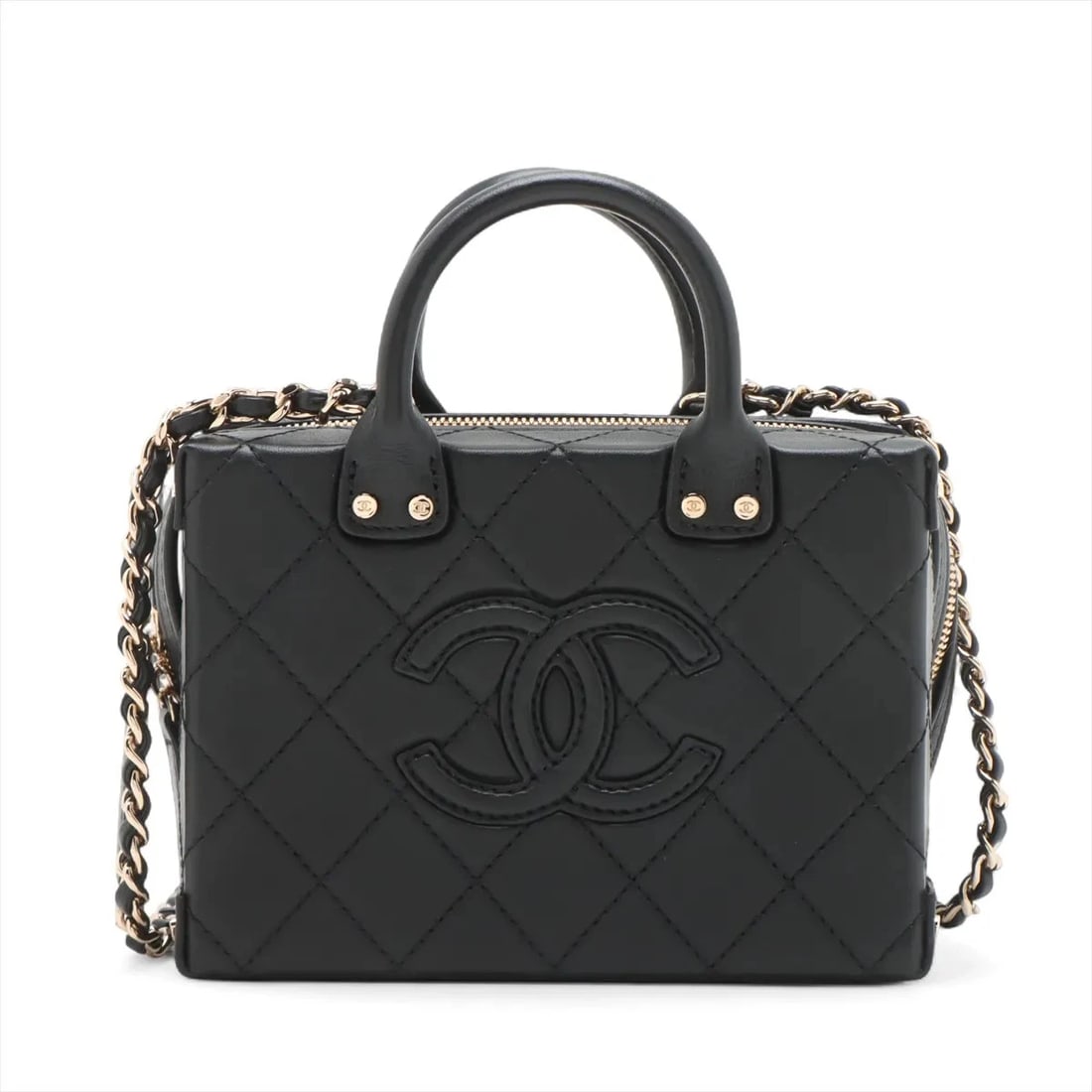 CHANEL MATELASSE LAMBSKIN 2 WAY HANDBAG: Chanel Matelasse Lambskin 2 Way Handbag Brand: Chanel Type/Style: Hand bag Material: Leather Color: Black Size: Height:4.3inch Length:6.1inch Depth:3.3inch Handle height:1.8inch Accessories: None