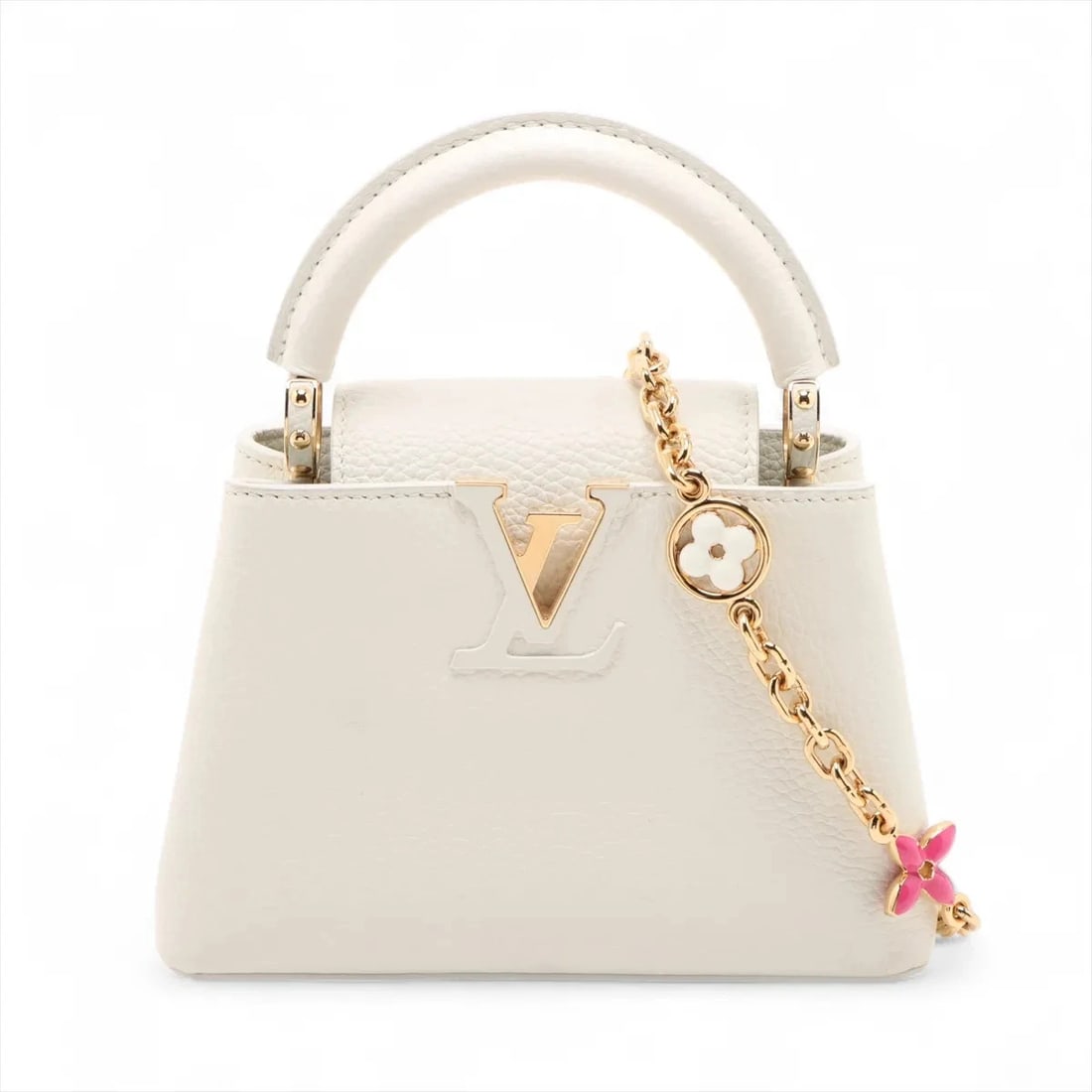 LOUIS VUITTON TAURILLON CAPUCINESMINI WHITE, HANDBAG: Louis Vuitton Taurillon CapucinesMINI white, Handbag Brand: Louis Vuitton Type/Style: Hand bag Material: NONE Color: White Size: Height:5.9inch Length:7.9inch Depth:3.0inch Handle height:2.2inch A