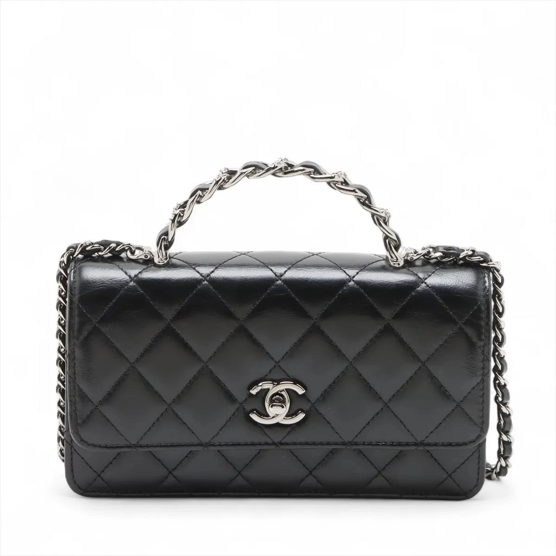 CHANEL MATELASSE LEATHER CHAIN WALLET TOP HANDLE SHOULDER BAG: Chanel Matelasse Leather Chain Wallet Top Handle Shoulder bag Brand: Chanel Type/Style: Shoulder bag Material: Leather Color: Black Size: Height:4.1inch Length:7.5inch Depth:1.8inch Handle height:1.6i