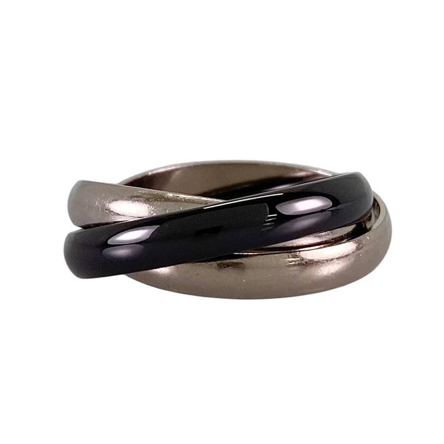 CARTIER TRINITY WHITE GOLD RING: Cartier Trinity White gold Ring Brand: Cartier Type/Style: Ring Material: 18K White Gold Palladium 950 Ceramic Color: Silver Size: US:7.5-8 Accessories: None Accessories Notice: When purchasing