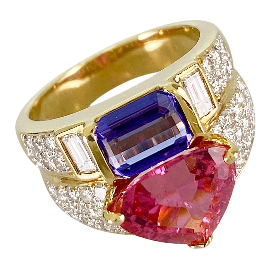 RING YELLOW GOLD TANZANITE PINK TOURMALINE DIAMOND (1 of 5)