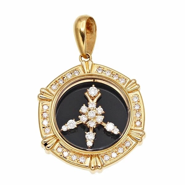 18K YG ONYX DIAMOND SWING PENDANT TOP: 18K YG Onyx Diamond Swing Pendant Top Brand: Unbranded Type/Style: Pendant Material: K18YG, Main Stone/Creation Onyx Color: YG Size: Length (including Vatican): Approx. 36mm Motif Approximately 25mm