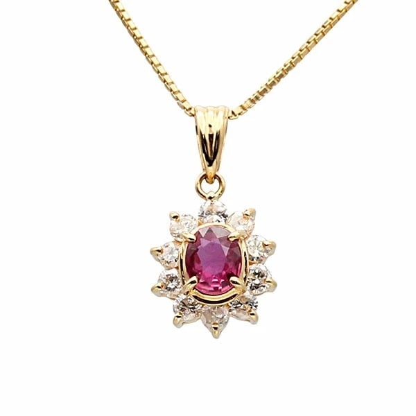 18K YG RUBY DIAMOND NECKLACE: 18K YG Ruby Diamond Necklace Brand: Unbranded Type/Style: Necklace Material: K18YG, Main Stone/Creation Ruby Color: YG Size: Length: Approx. 40cm Top: approx. W9mm x H10mm Accessories: None