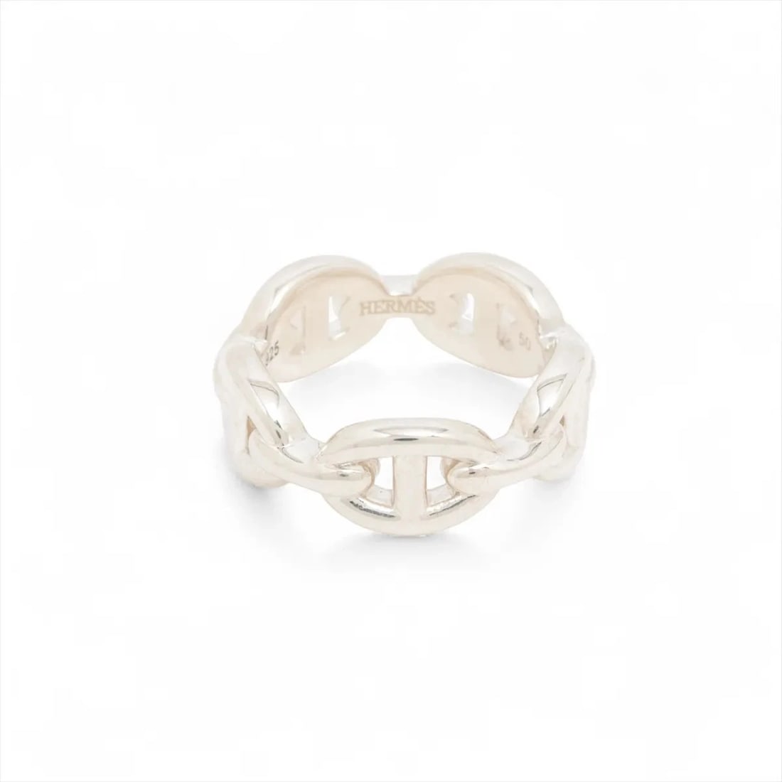HERMES CHAINE D'ANCRE ENCHAINEE RING: Hermes Chaine d'Ancre Enchainee Ring Brand: Hermès Type/Style: Ring Material: 925 Color: Silver Size: 4.75 - 5 US Accessories: None Accessories Notice: When purchasing pre-owned goods, please refer
