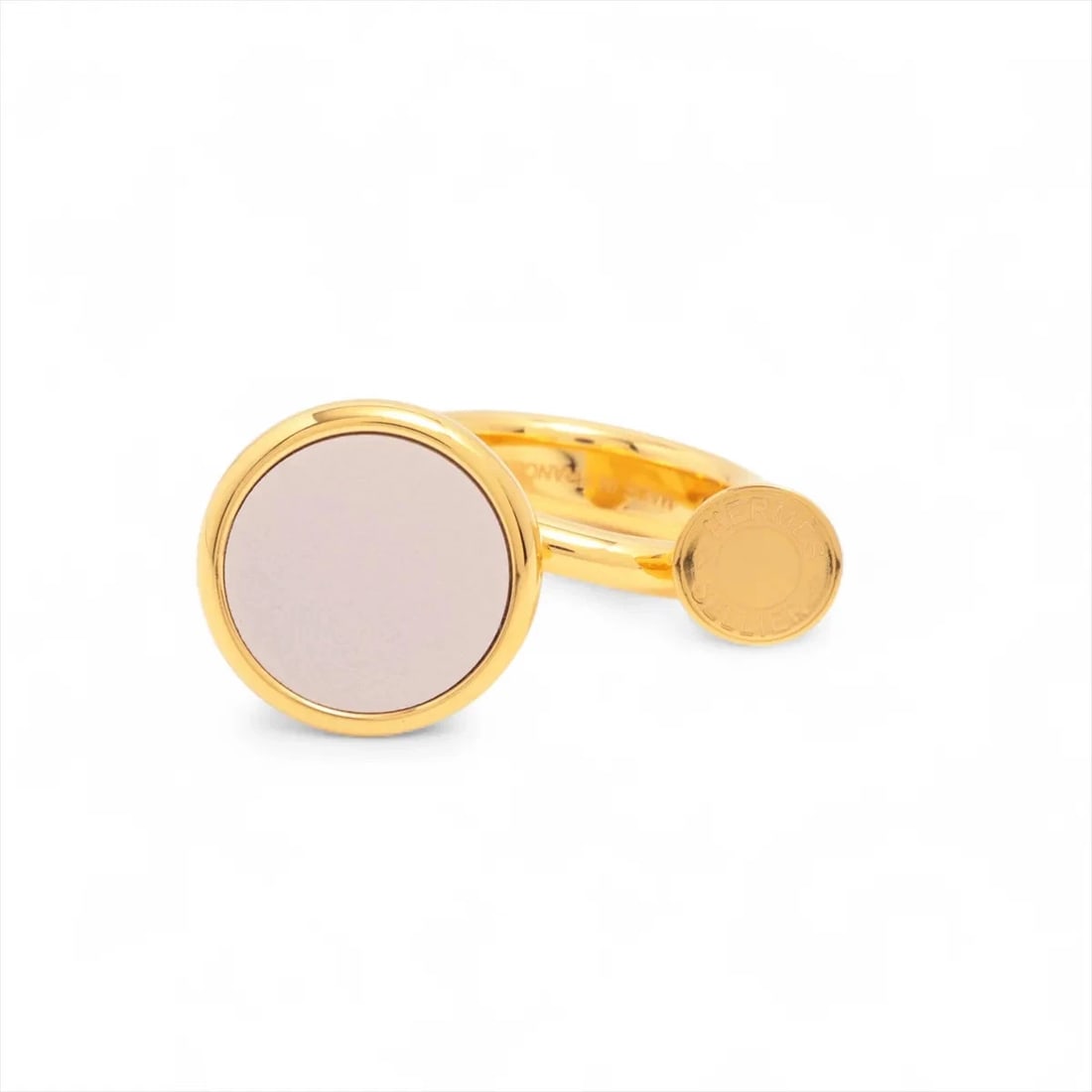 HERMES COLE H RING S R MAUVE PALE GOLD: Hermes Cole H Ring S r Mauve Pale gold Brand: Hermès Type/Style: Ring Material: GP & Leather Color: Mauve Pale ×gold Size: 6 US Accessories: None Accessories Notice: When purchasing pre-owned