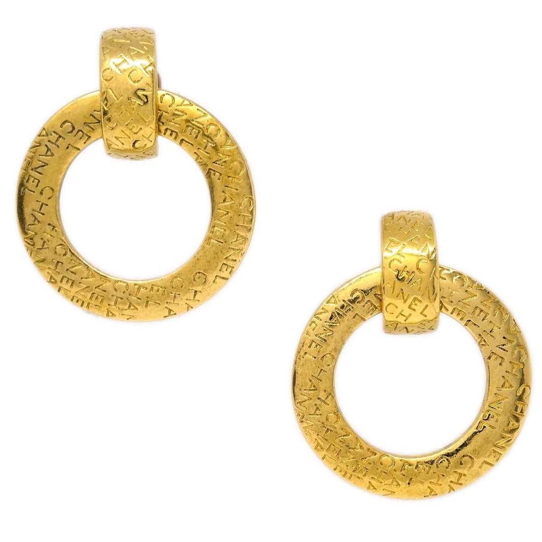 CHANEL DANGLE HOOP EARRINGS: Chanel Dangle Hoop Earrings Brand: CHANEL Type/Style: Earrings Material: Gold Plated Color: Gold Size: W 4.8 x H 5.7 cm Accessories: None Accessories Notice: When purchasing pre-owned goods, please
