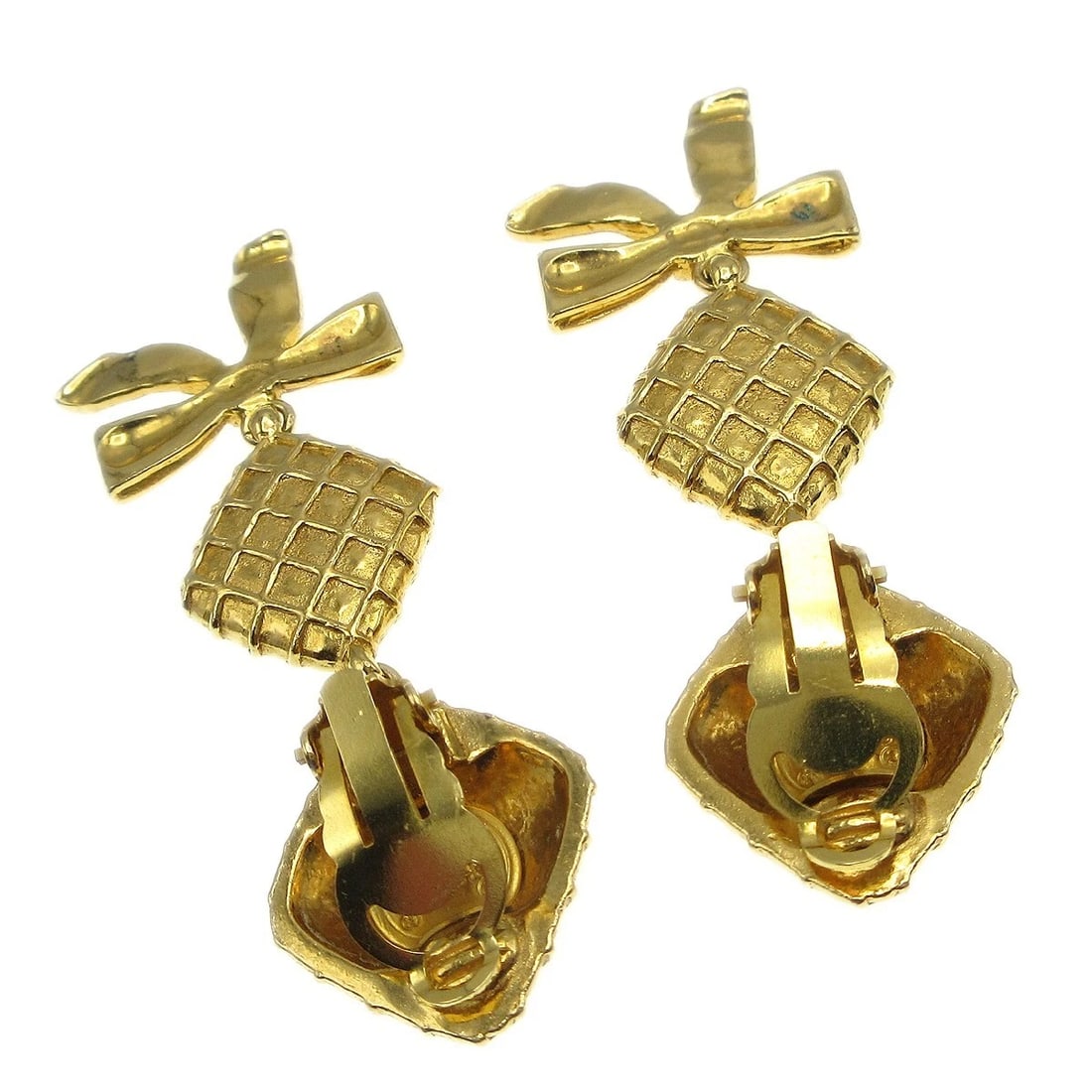CHANEL QUILTED BOW DANGLE EARRINGS - 2