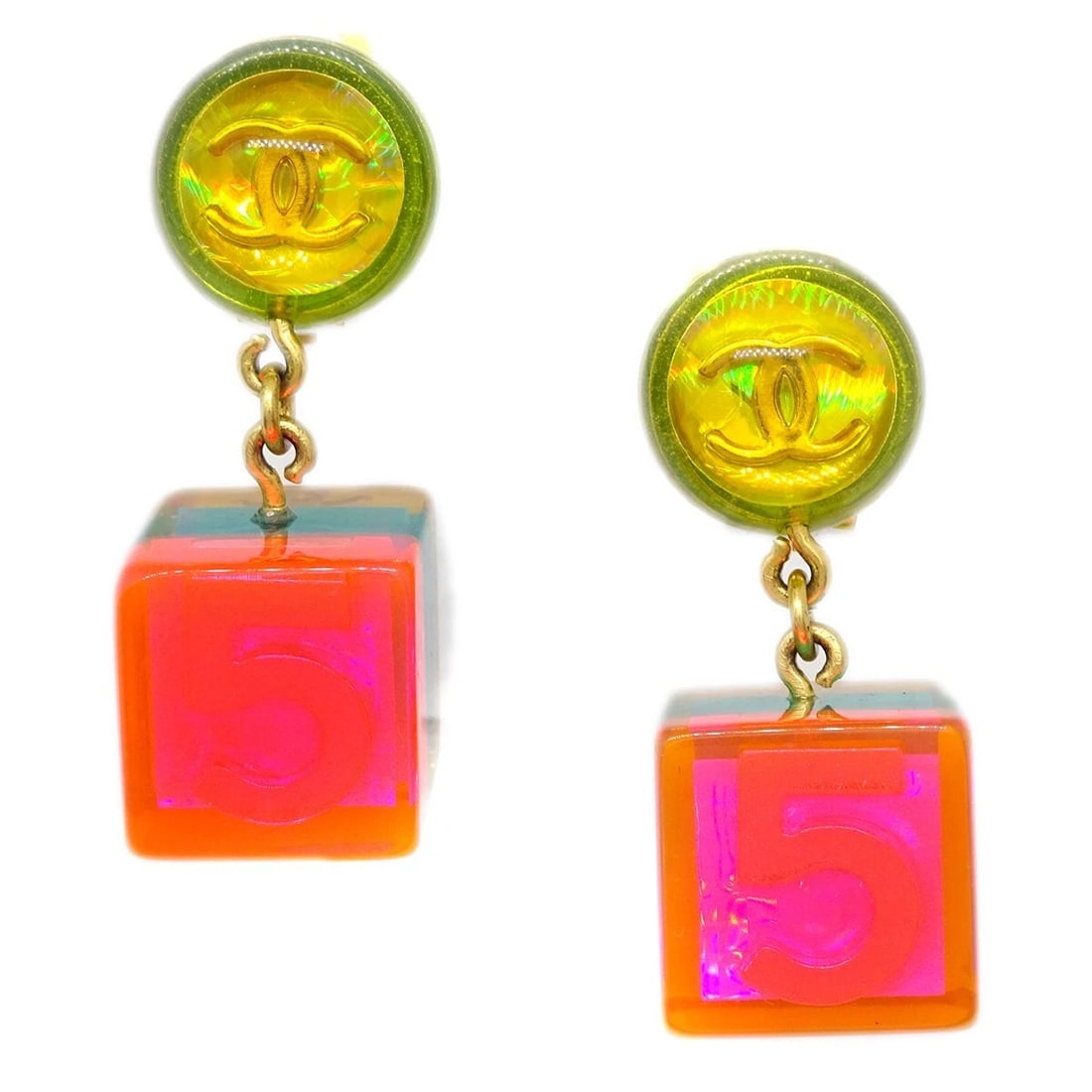 CHANEL DANGLE CUBE EARRINGS MULTICOLOR: Chanel Dangle Cube Earrings Multicolor Brand: CHANEL Type/Style: Earrings Material: Gold Plated Acrylic Color: Gold, Multicolor Size: W 1.6 x H 4.0 cm Accessories: None Accessories Notice: