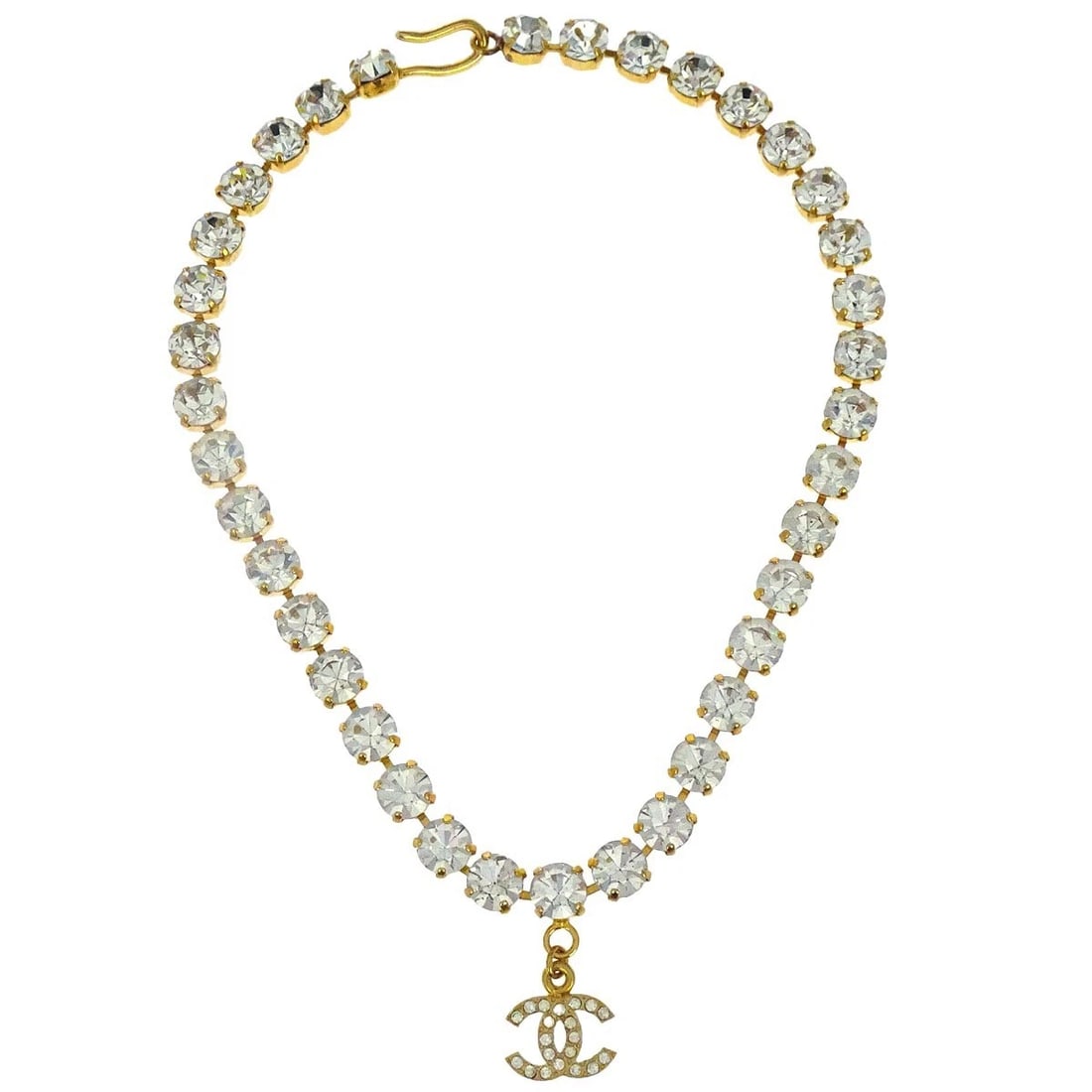 CHANEL PENDANT NECKLACE GOLD RHINESTONE: Chanel Pendant Necklace Gold Rhinestone Brand: CHANEL Type/Style: Pendant Material: Gold Plated Rhinestone Color: Gold Size: Chain(Overall) : 38.0 cm Charm : W 1.6 x H 1.1 cm Accessories: None