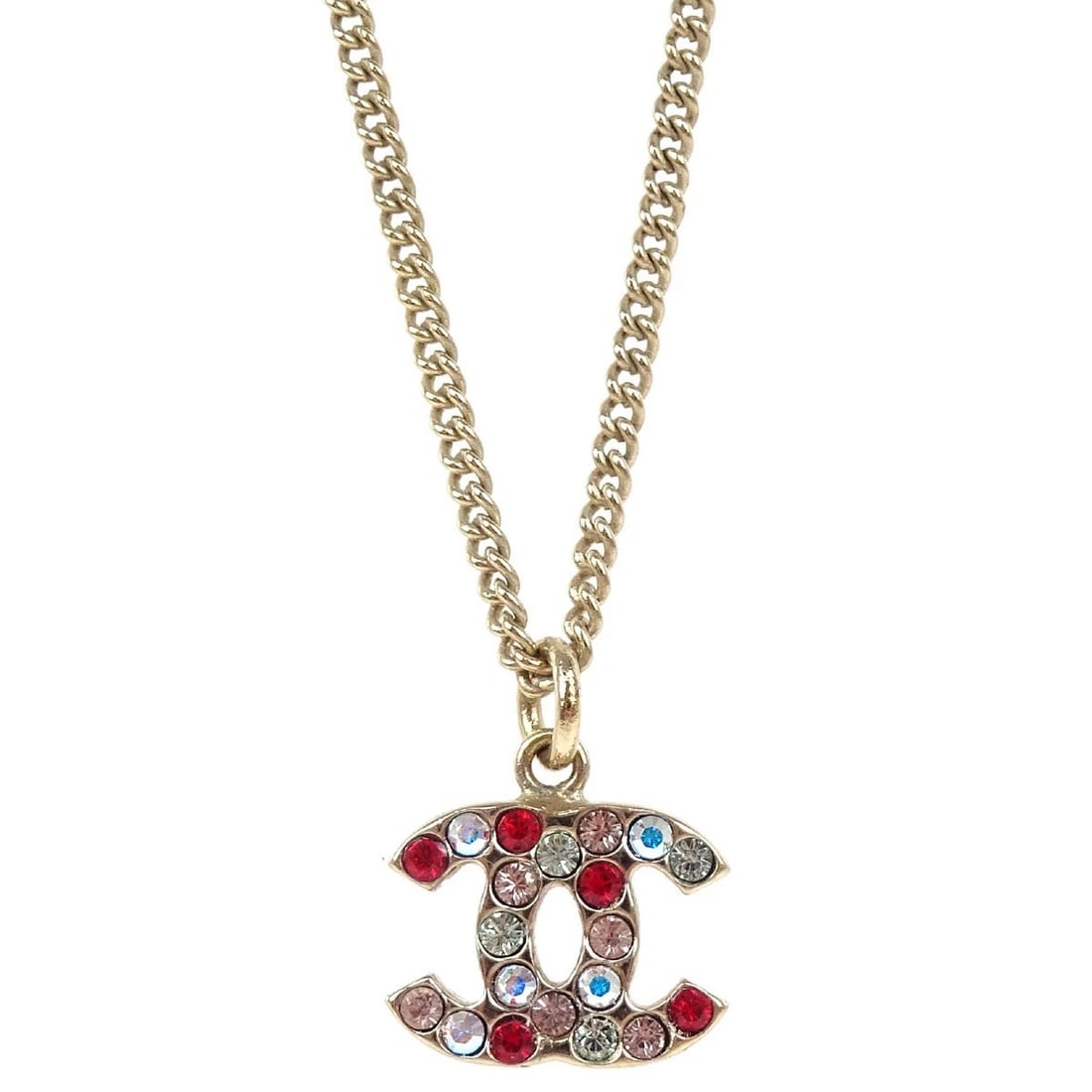 CHANEL PENDANT NECKLACE RHINESTONE: Chanel Pendant Necklace Rhinestone Brand: CHANEL Type/Style: Necklace Material: Gold Plated Rhinestone Color: Gold Size: Chain(Overall) : 42.0 cm Top : W 1.2 x H 1.0 cm Accessories: None A