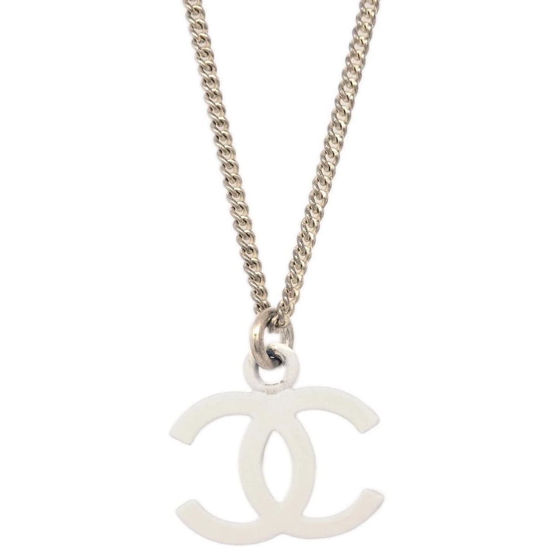 CHANEL CHAIN NECKLACE PENDANT SILVER: Chanel Chain Necklace Pendant Silver Brand: CHANEL Type/Style: Pendant Material: Silver Plated Color: Silver, White Size: Chain(Overall) : 44.0 cm Charm : W 1.8 × H 1.4 cm Accessories: None