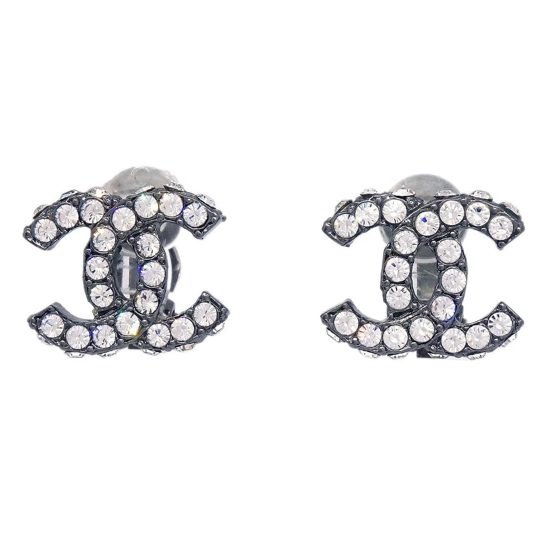 CHANEL SILVER RHINESTONE EARRINGS: Chanel Silver Rhinestone Earrings Brand: Chanel Type/Style: Earrings Material: Silver Plated Rhinestone Color: Silver Size: W 1.7 x H 1.5 cm Accessories: None Accessories Notice: When purchasing