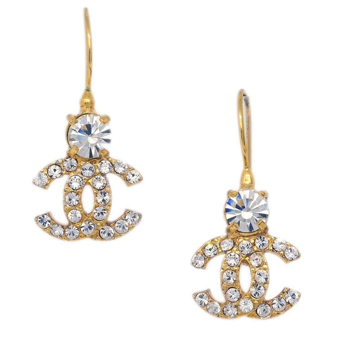 CHANEL PIERCED EARRINGS RHINESTONE GOLD: Chanel Pierced Earrings Rhinestone Gold Brand: CHANEL Type/Style: Earrings Material: Gold-plated Rhinestone Color: Gold Size: W 1.5 x H 3.5 cm Accessories: None Accessories Notice: When pu