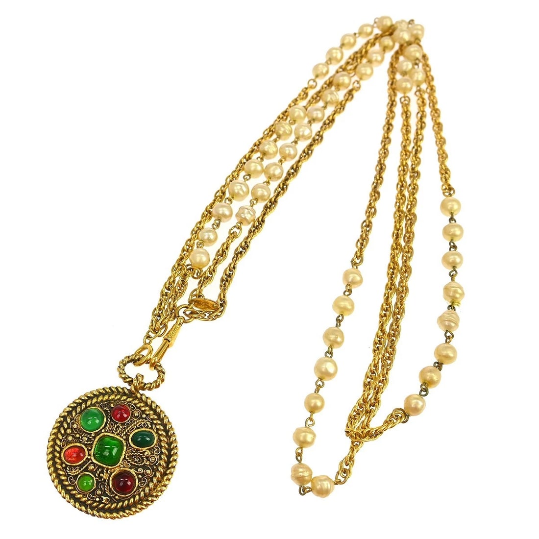 CHANEL NECKLACE GOLD ARTIFICIAL PEARL: Chanel Necklace Gold Artificial Pearl Brand: Chanel Type/Style: Necklace Material: Gold Plated Artificial Pearl Color: Gold,whiite Size: Chain(Overall) : 96.0 cm Accessories: None Accessories Notice: