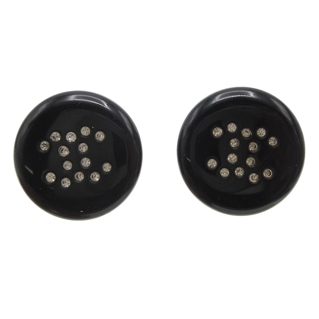 CHANEL PIERCED EARRINGS RHINESTONE BLACK: Chanel Pierced Earrings Rhinestone Black Brand: CHANEL Type/Style: Earrings Material: Silver Plated Rhinestone Acrylic Color: Black. Silver Size: Diameter : 1.3 cm Accessories: None Accessories