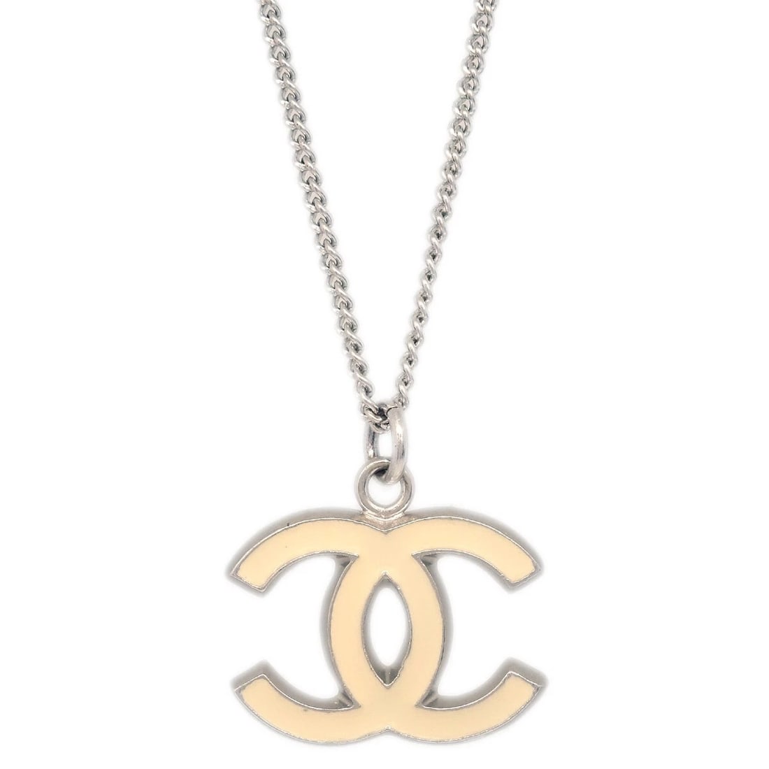 CHANEL CHAIN NECKLACE SILVER WHITE: Chanel Chain Necklace Silver White Brand: CHANEL Type/Style: Pendant Material: Silver Plated Color: Silver, White Size: Chain(Overall) : 41.0 cm Charm : W 2.0 x H 1.5 cm Accessories: None