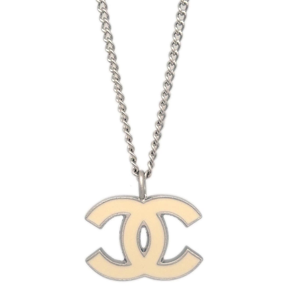 CHANEL NECKLACE PENDANT SILVER: Chanel Necklace Pendant Silver Brand: CHANEL Type/Style: Necklace Material: Silver Plated Color: Silver, Off-white Size: Chain(Overall) : 43.0 cm Charm : W 2.0 × H 1.5 cm Accessories: None