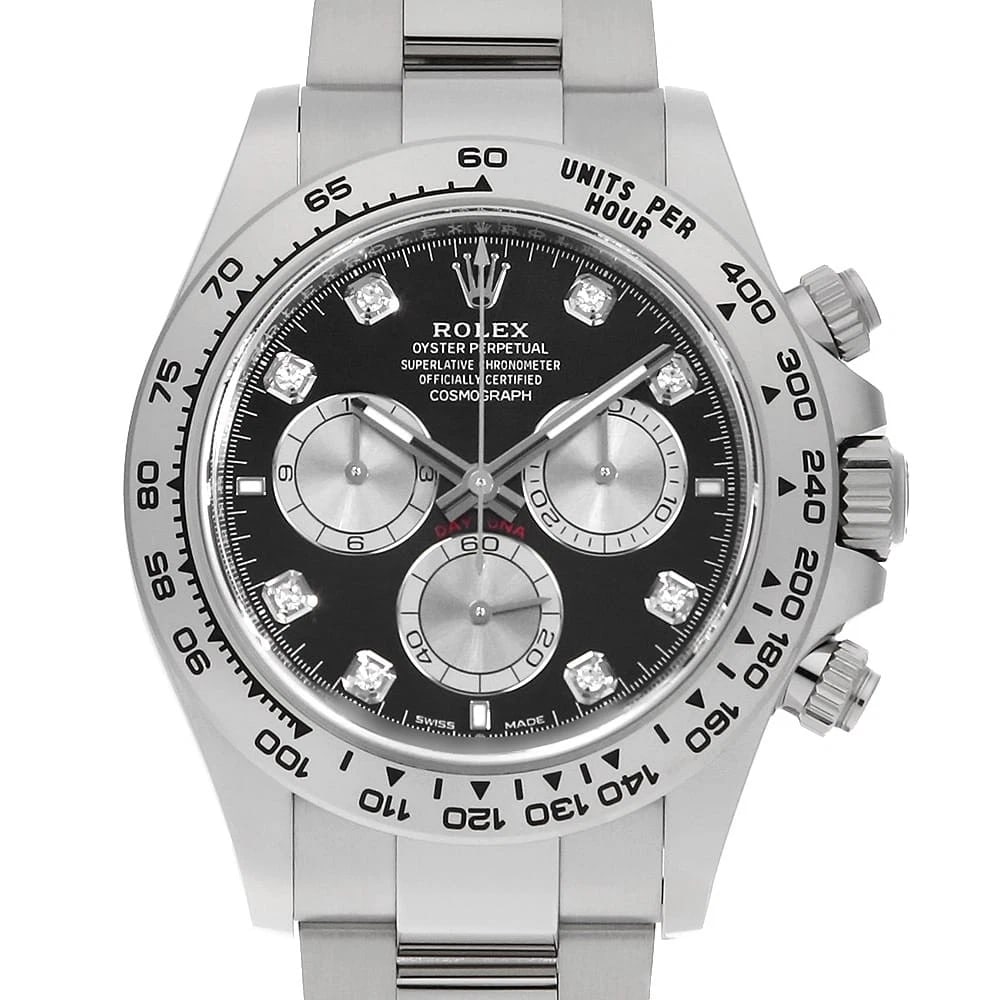 ROLEX COSMOGRAPH DAYTONA DIAMOND BLACK STEEL WATCH: ROLEX Cosmograph Daytona diamond black Steel Watch Brand: ROLEX Type: Wrist watch Material: Band Material White Gold, Case Material White Gold Color: Dial color Black Size: Case:W40mm Circumference of