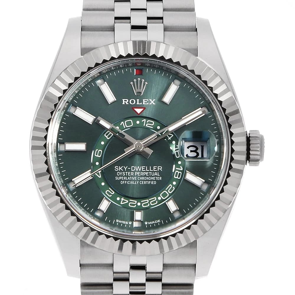 ROLEX SKY-DWELLER MINT GREEN ROW JUBILEE BRACELET WATCH: ROLEX SKY-DWELLER Mint green row jubilee bracelet Watch Brand: ROLEX Type: Wrist watch Material: Band Material Stainless Steel, Case Material Stainless Steel/White gold Color: Dial color Mint Green Si