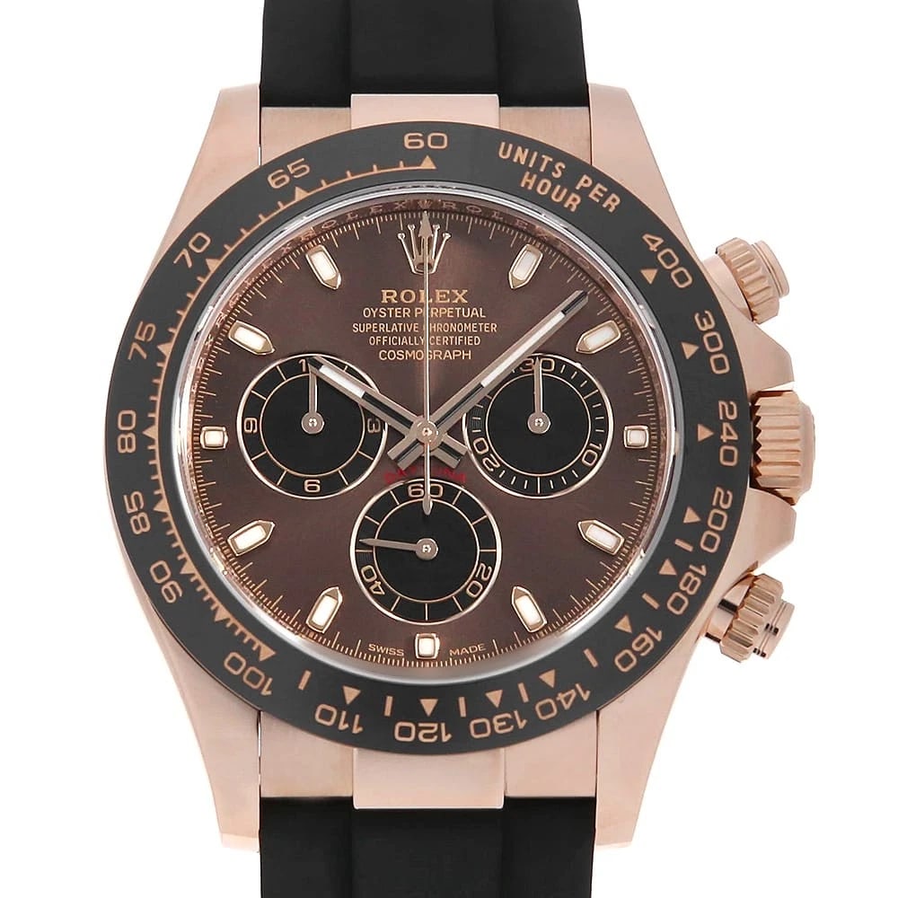 ROLEX COSMOGRAPH DAYTONA CHOCOLATE BROWN BLACK WATCH: ROLEX Cosmograph Daytona Chocolate brown black Watch Brand: ROLEX Type: Wrist watch Material: Band Material rubber, Case Material Everose Gold Color: Dial color Chocolate Brown Size: Case:W40mm Circum