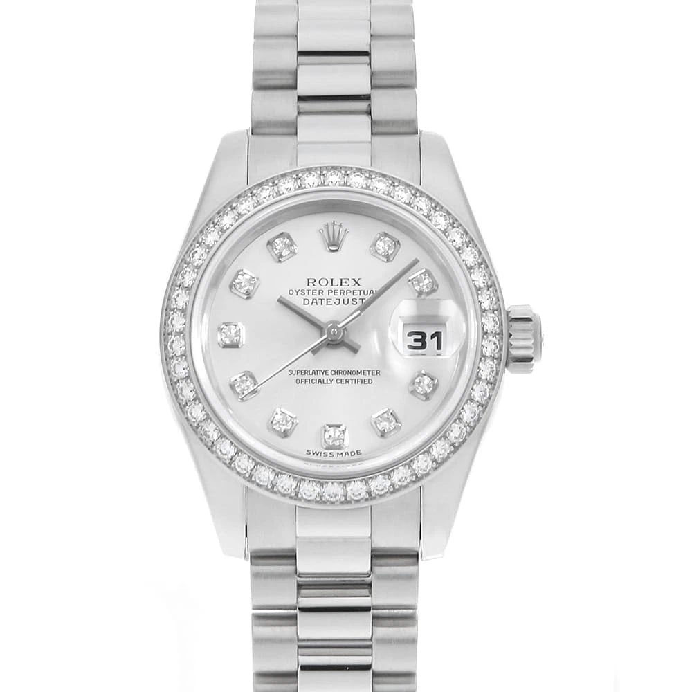 ROLEX DATEJUST BEZEL DIAMOND SILVER WATCH: ROLEX Datejust bezel diamond Silver Watch Brand: ROLEX Type: Wrist watch Material: Band Material Platinum, Case Material Platinum Color: Dial color Silver Size: Case:W26mm Circumference of Wrist:15.5c