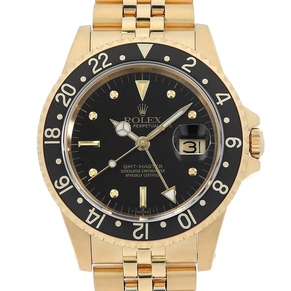 ROLEX GMT MASTER BLACK WATCH: ROLEX GMT master black Watch Brand: ROLEX Type: Wrist watch Material: Band Material Yellow Gold, Case Material Yellow Gold Color: Dial color Black Size: Case:W40mm Circumference of Wrist:19cm Acce