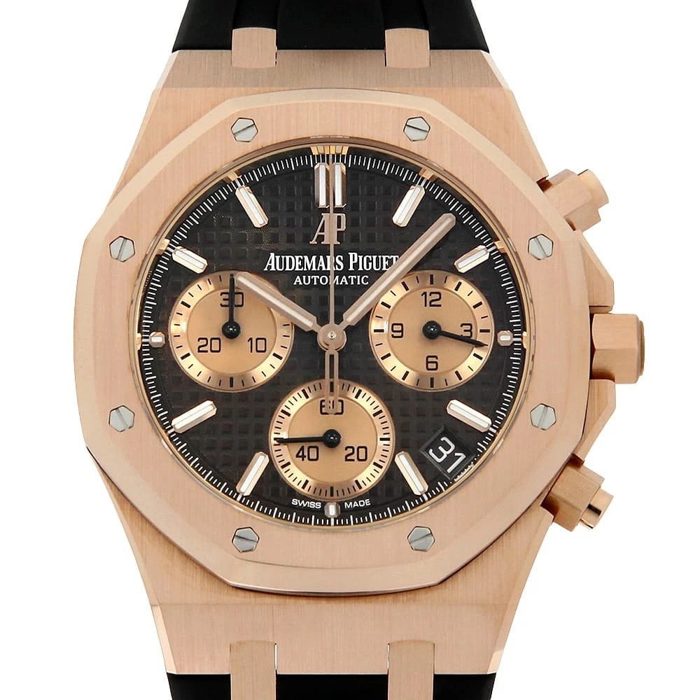 AUDEMARS PIGUET ROYAL OAK CHRONOGRAPH WATCH: AUDEMARS PIGUET Royal Oak Chronograph Watch Brand: AUDEMARS PIGUET Type: Wrist watch Material: Band Material rubber, Case Material Pink Gold Color: Dial color Brown Size: Case:W41mm Accessories: N
