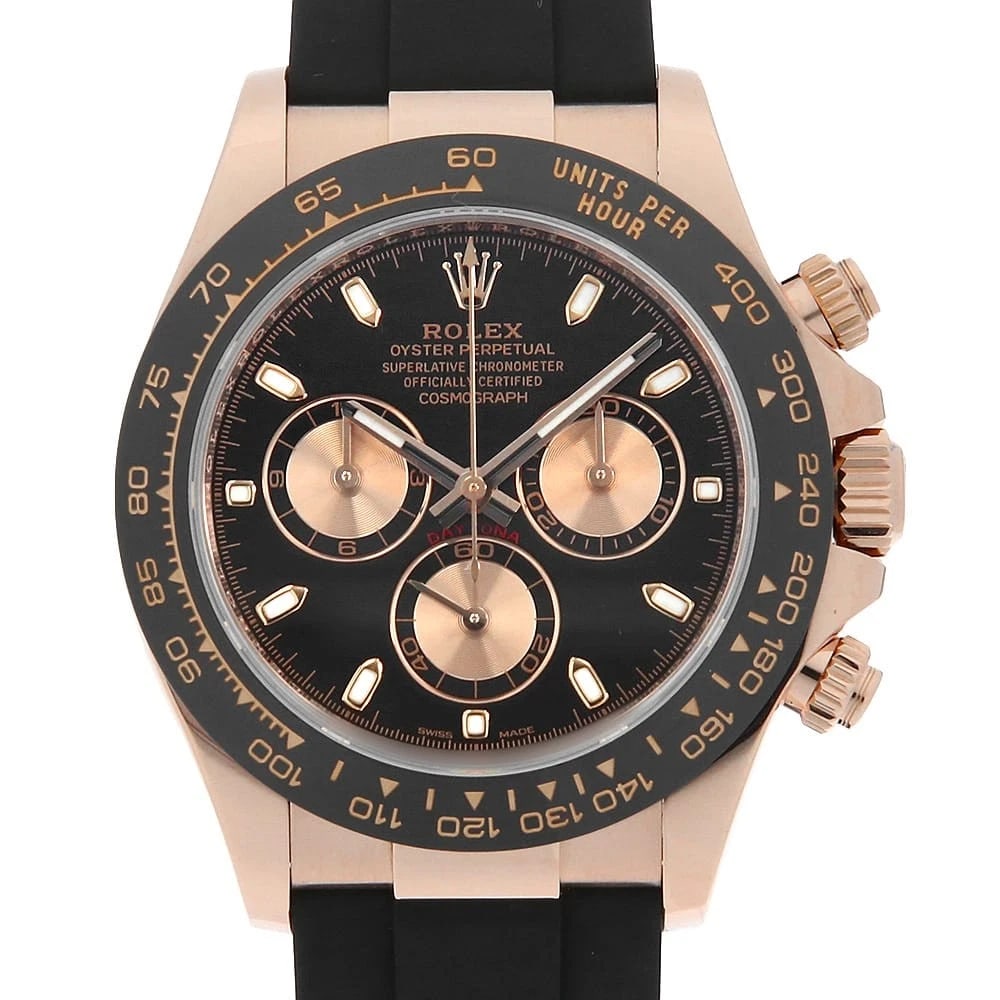 ROLEX COSMOGRAPH DAYTONA BLACK PINK WATCH: ROLEX Cosmograph Daytona black Pink Watch Brand: ROLEX Type: Wrist watch Material: Band Material rubber, Case Material Everose Gold Color: Dial color Black Size: Case:W40mm Circumference of