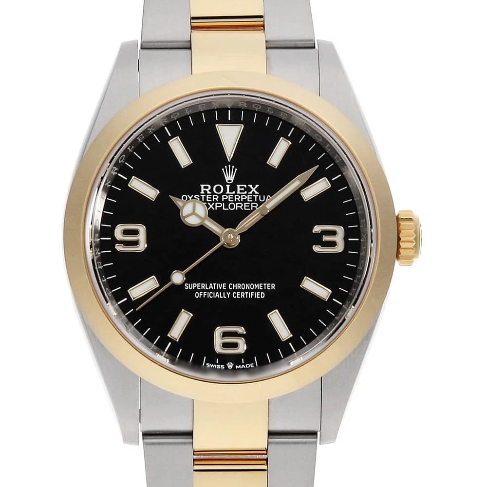 ROLEX EXPLORER BLACK STAINLESS STEEL WATCH: ROLEX Explorer black Stainless Steel Watch Brand: ROLEX Type: Wrist watch Material: Band Material Stainless Steel/Yellow Gold, Case Material Stainless Steel/Yellow Gold Color: Dial color Black Size: