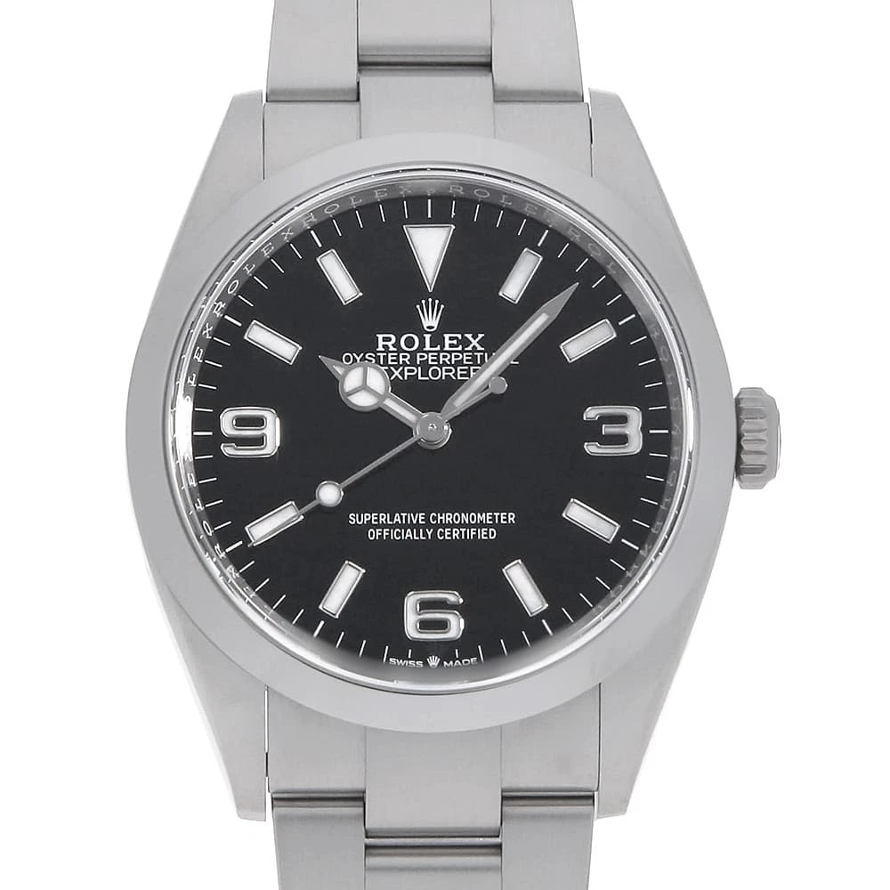 ROLEX EXPLORER BLACK WATCH: ROLEX Explorer black Watch Brand: ROLEX Type: Wrist watch Material: Band Material Stainless Steel, Case Material Stainless Steel Color: Dial color Black Size: Case:W36mm Circumference of Wrist:18.5cm 