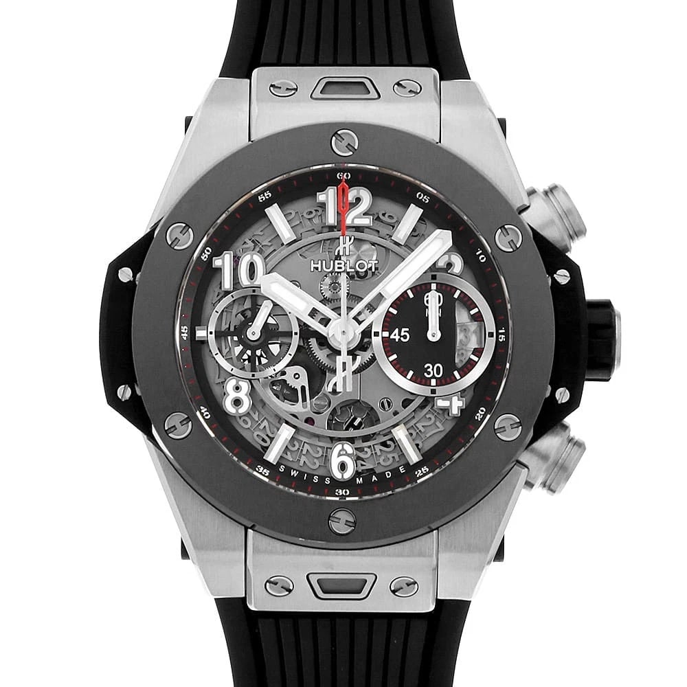 HUBLOT BIG BANG UNICO TITANIUM CERAMIC WATCH: HUBLOT Big Bang Unico Titanium Ceramic Watch Brand: HUBLOT Type: Wrist watch Material: Band Material rubber, Case Material Titanium Color: Dial color Skeleton Size: Case:W42mm Accessories: None