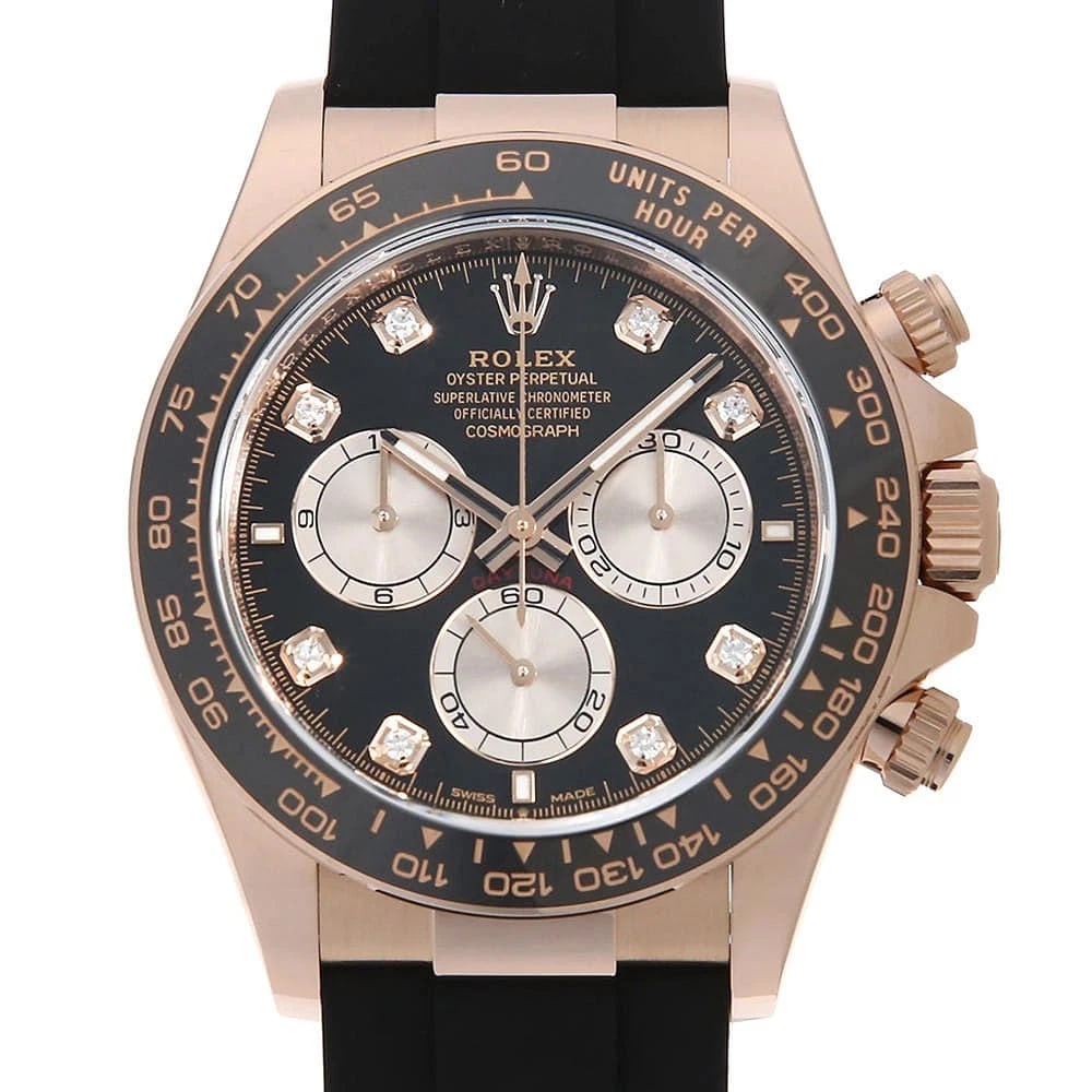 ROLEX COSMOGRAPH DAYTONA DIAMOND WATCH: ROLEX Cosmograph Daytona diamond Watch Brand: ROLEX Type: Wrist watch Material: Band Material rubber, Case Material Everose Gold Color: Dial color Black Size: Case:W40mm Circumference of Wrist:18cm