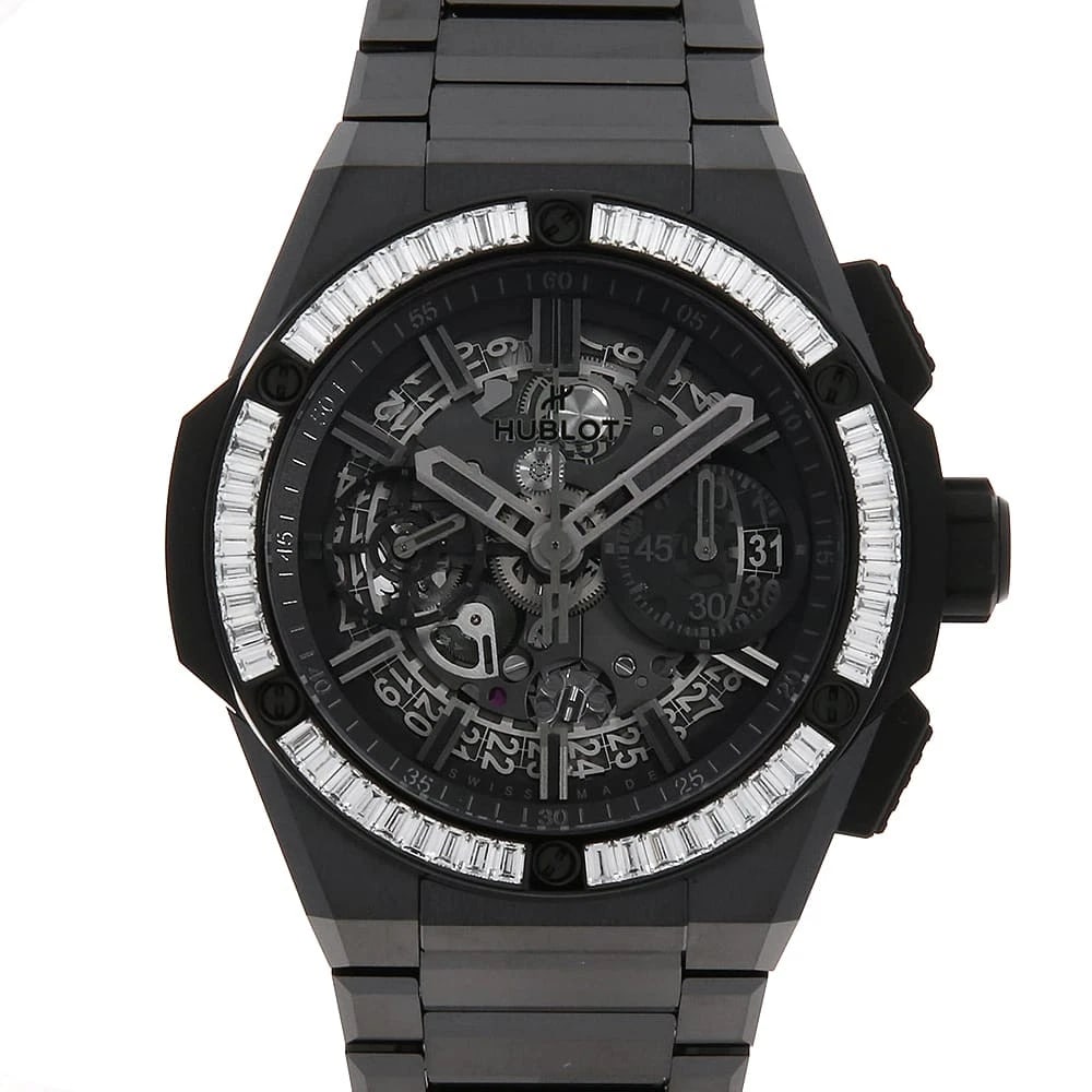 HUBLOT BIG BANG INTEGRATED BLACK BAGUETTE DIAMONDS WATCH: HUBLOT Big Bang Integrated Black Baguette Diamonds Watch Brand: HUBLOT Type: Wrist watch Material: Band Material Ceramic, Case Material Ceramic Color: Dial color Skeleton Size: Case:W42mm