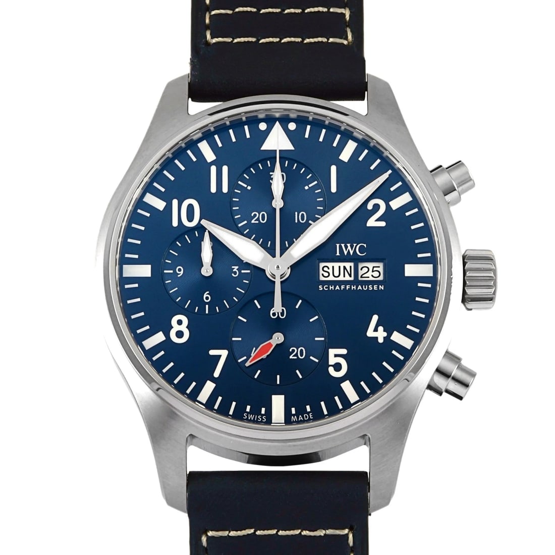 IWC PILOT WATCH CHRONOGRAPH BLUE DIAL WATCH: IWC Pilot watch Chronograph blue Dial Watch Brand: IWC Type: Wristwatch Material: SS Color: Dial color blue Size: Bracelet size: 19.0cm Case size: 43.0mm Accessories: None Accessories Noti