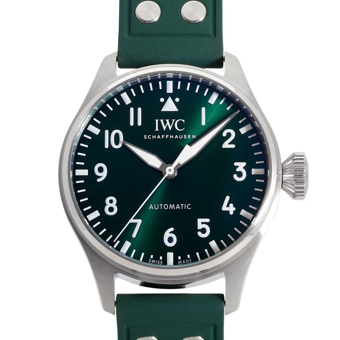 IWC PILOT WATCH GREEN/ARABIC DIAL WATCH: IWC Pilot watch green/arabic Dial Watch Brand: IWC Type: Wristwatch Material: stainless rubber Color: Dial color green/arabic Size: Bracelet size: 20.0cm Case size: 43.0mm Accessories: None